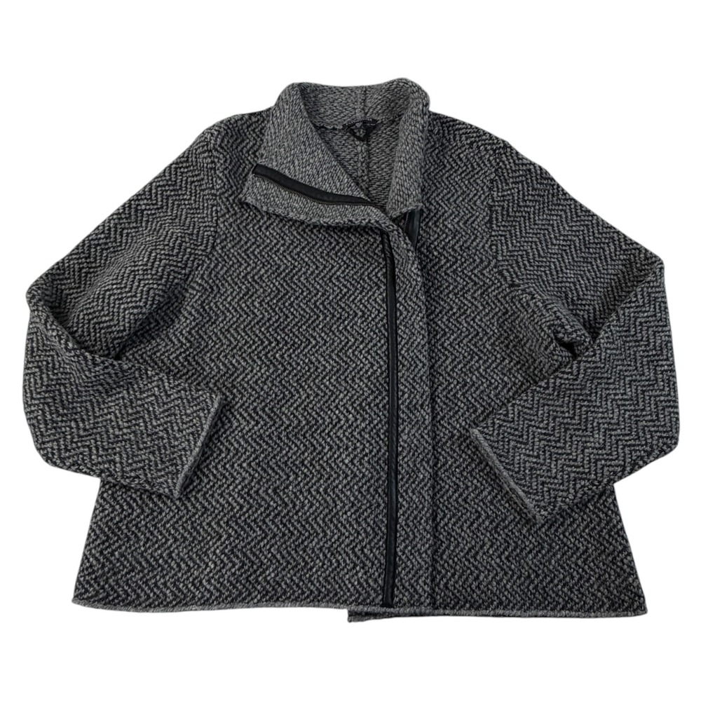 Eileen Fisher Woman 2X Gray Wool Alpaca Herringbone Moto Jacket Leather Trim